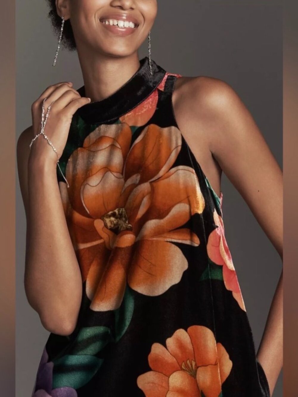 NWT Farm Rio x Anthropologie Mock-Neck Velvet Sleeveless Floral Midi Dress. Sz S - Picture 3 of 15